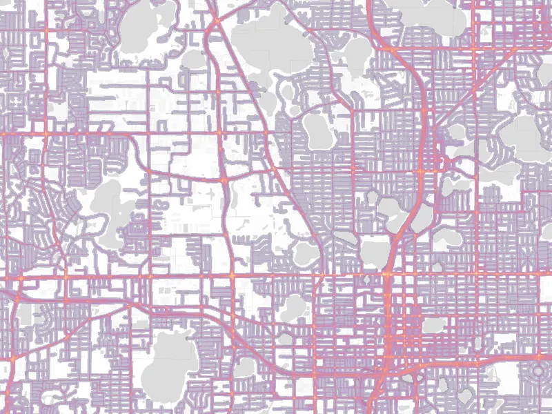 Gradient risk map of Orlando at corridor scale, with I-4 and the arterials standing out in brighter color