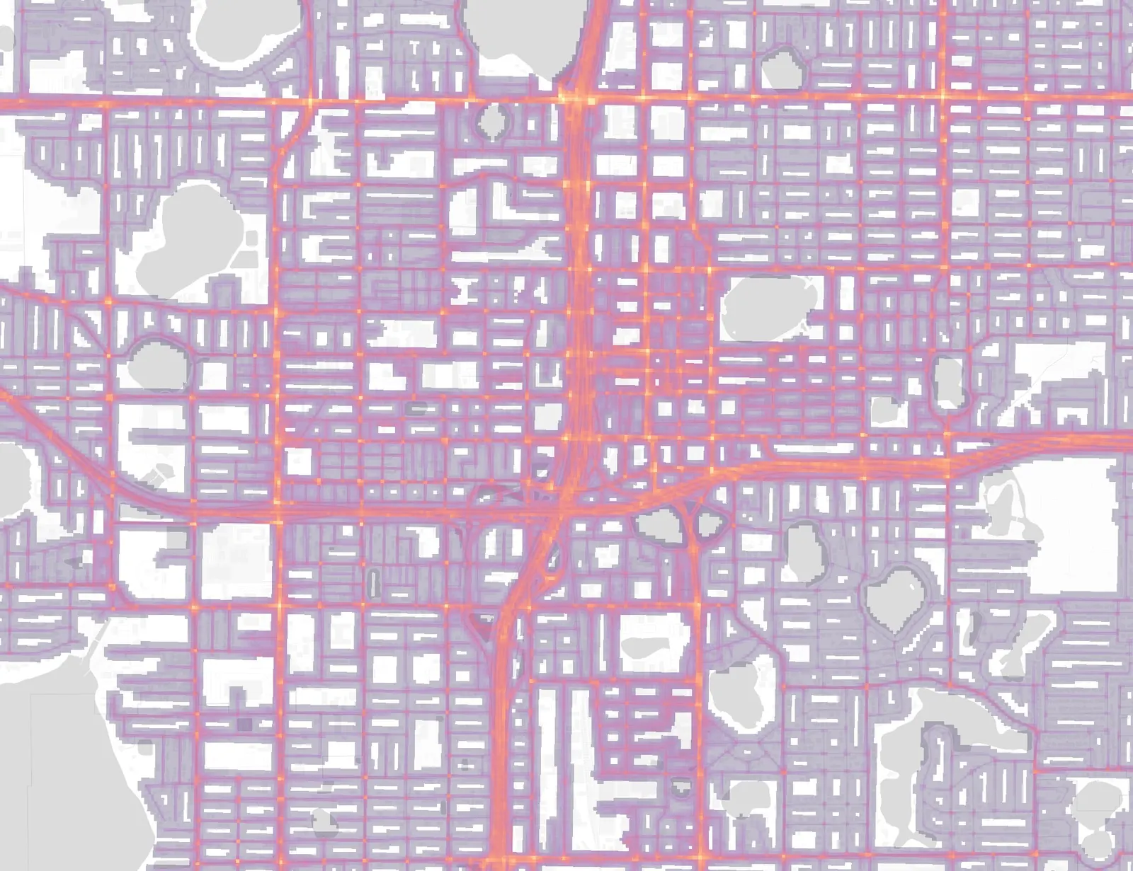 Gradient risk map of downtown Orlando around the I-4 and SR 408 interchange. Every road is shaded from purple (lower risk) to yellow (highest risk).