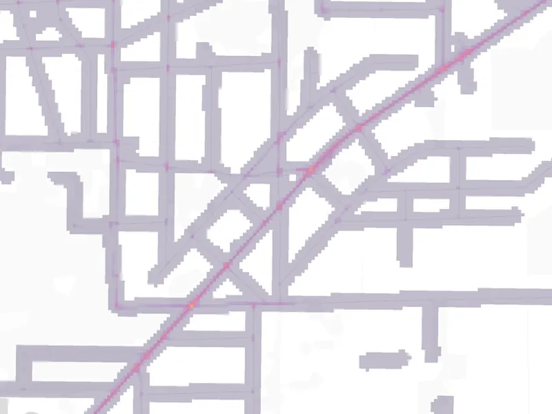 Gradient risk map of a rural area, with a highway corridor and its intersections highlighted